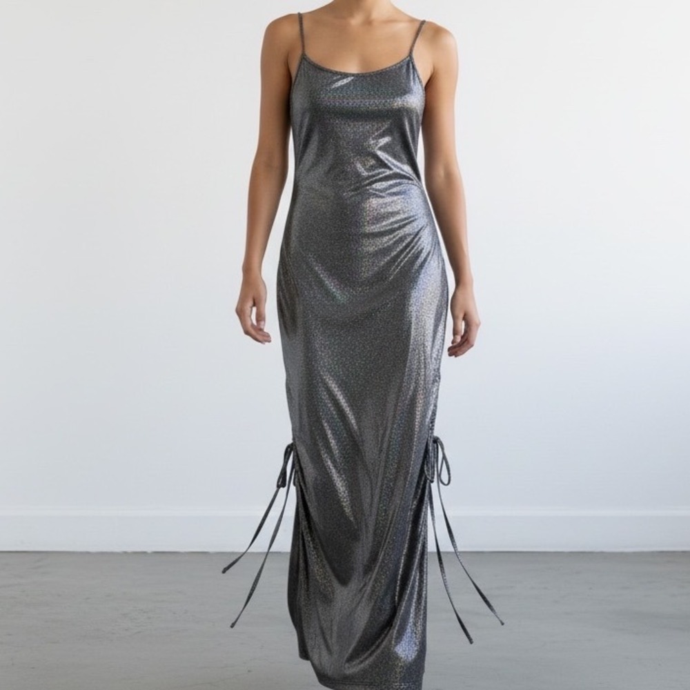 Silver Holographic Lace Up Side Cutout Maxi Dress Bodycon S club cyberpunk rave‎